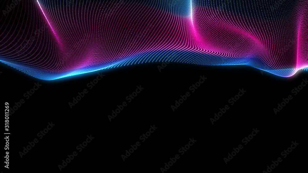 Poster bright wavy background. glowing dots and lines. neon light. wave element for design. smooth particle