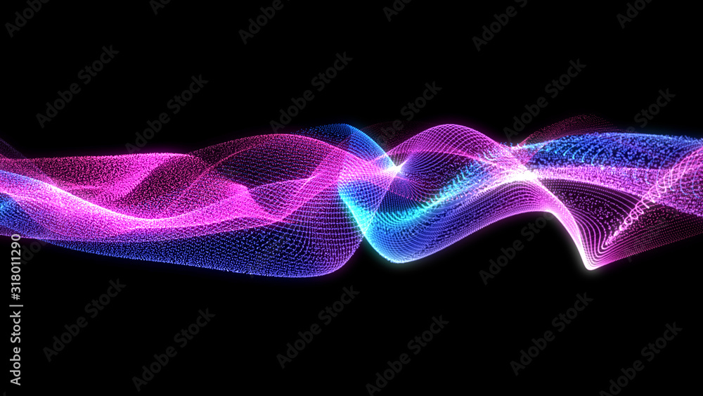 Poster bright wavy background. glowing dots and lines. neon light. wave element for design. smooth particle