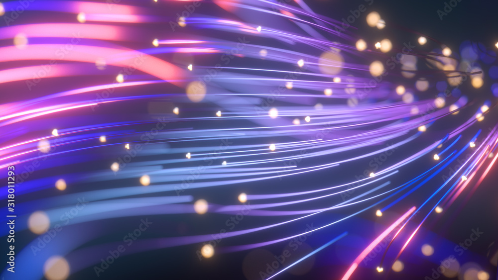Poster bright wavy background. glowing dots and lines. neon light. wave element for design. smooth particle