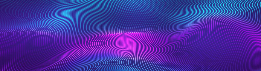 Bright wavy background. Glowing dots and lines. Neon light. Wave element for design. Smooth particle waves. Dynamic techno wallpaper.Violet and blue colors