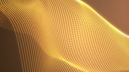 Bright wavy background. Glowing dots and lines. Neon light. Wave element for design. Smooth particle waves. Dynamic techno wallpaper.Gold color