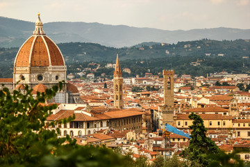 Panorama view of the hart of the amazing city of Florence and the Cathedral in golden hour sunlight, Tuscany, Florence, Italy