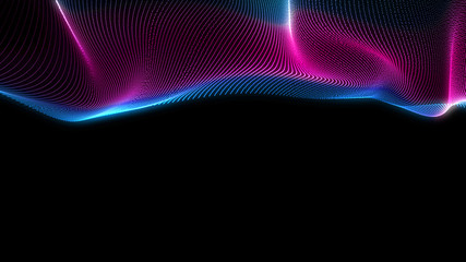 Bright wavy background. Glowing dots and lines. Neon light. Wave element for design. Smooth particle waves. Dynamic techno wallpaper.Violet and blue colors