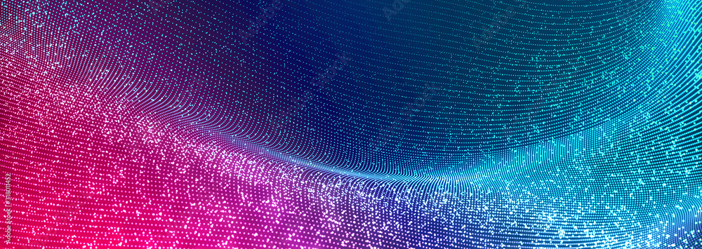 Poster bright wavy background. glowing dots and lines. neon light. wave element for design. smooth particle