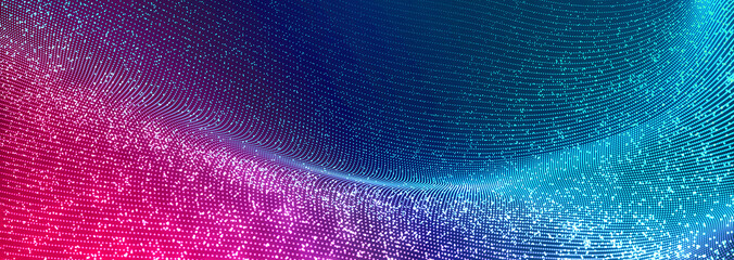 Bright wavy background. Glowing dots and lines. Neon light. Wave element for design. Smooth particle waves. Dynamic techno wallpaper. Blue and red color - obrazy, fototapety, plakaty