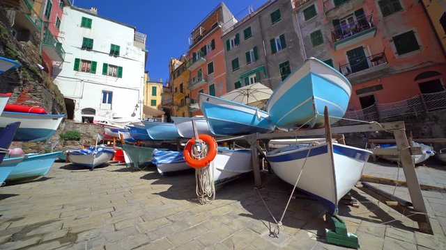 Riomaggiore, Cinque Terre, dry boats of the main port. Liguria, Italy. UNESCO