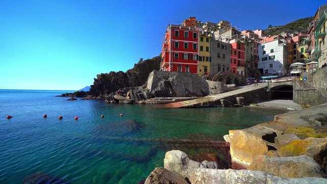 Riomaggiore, Cinque Terre, main view of the city and the port. Liguria, Italy. UNESCO