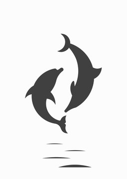 Silhouette of dolphins on a white background. Dolphins and the moon. Vector illustration.