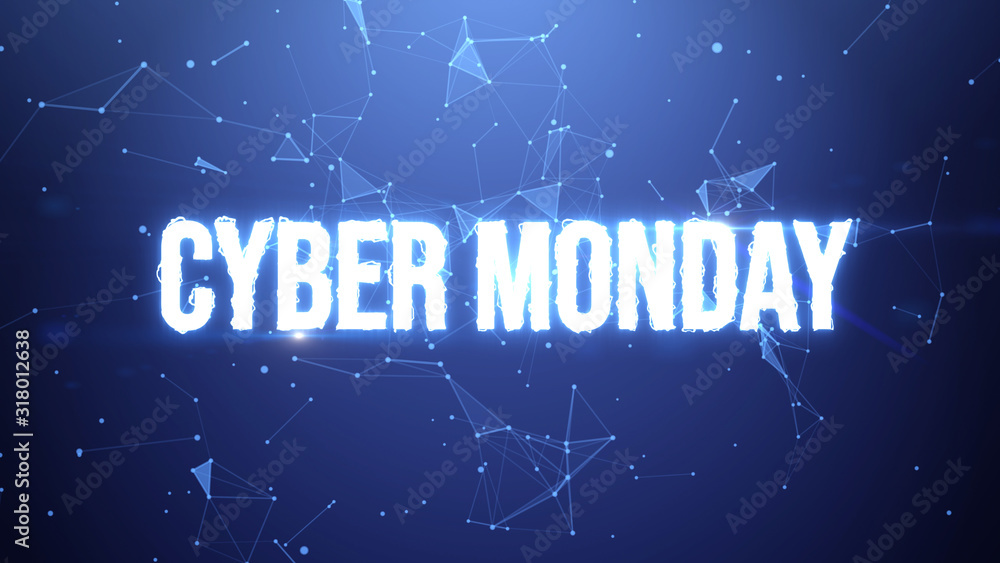 Poster cyber monday. blue neon futuristic background. abstract technology structure connection polygons. we