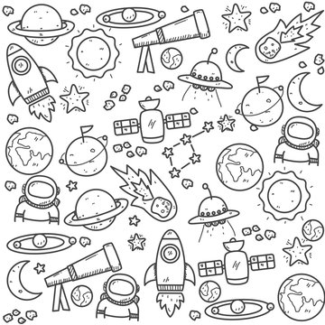 Set of astronomy doodle elements in hand drawn style. Astronomy doodle background 