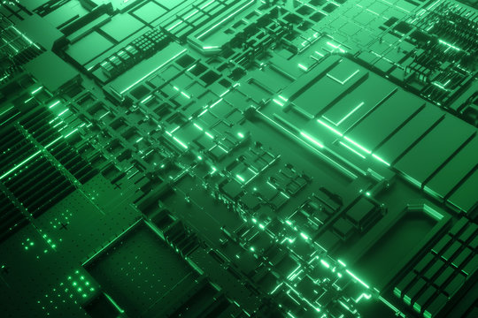 Abstract green technology background. Futuristic digital motherboard texture. Neon light