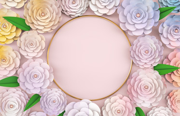 Beauty fashion 3d background with golden circle frame on blooming rose flower. pastel watercolor paper texture.