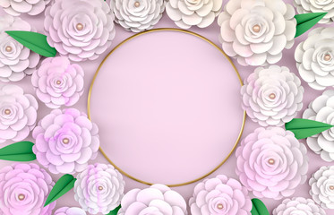 Beauty fashion 3d background with golden circle frame on blooming rose flower. pastel watercolor paper texture.