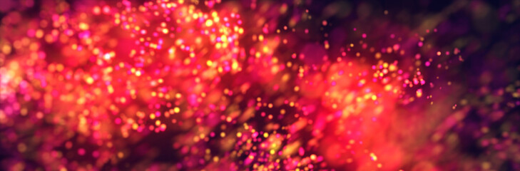 Bright red bokeh lights abstract background. Flying particles or dust. Vivid lightning. Merry christmas design. Blurred light dots. Can use as cover, banner, postcard, flyer.