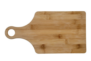 Wooden cutting Board made of bamboo, isolated on a white background horizontally with a round hole handle. Kitchen equipment, items.