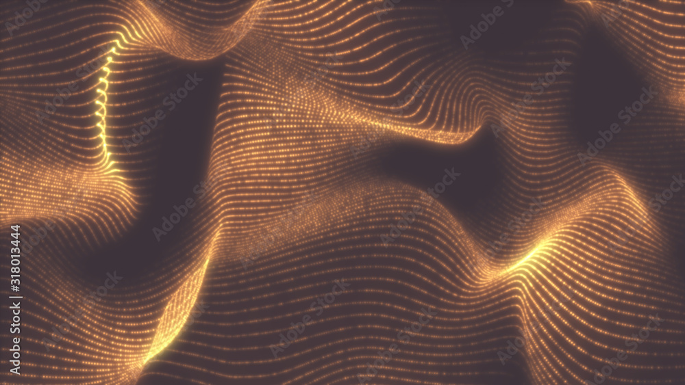 Poster bright wavy background. glowing dots and lines. neon light. wave element for design. smooth particle