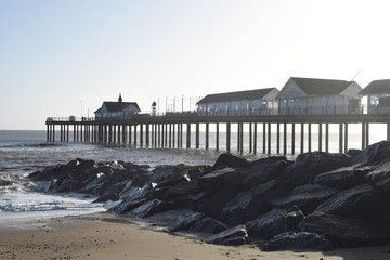 Southwold Pier. A sunny winter morning at Southwold beach in Suffolk, England, UK.