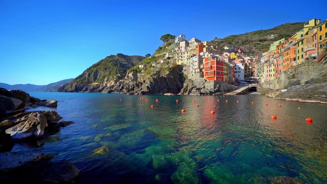 Riomaggiore, Cinque Terre, main view of the city and the port. Liguria, Italy. UNESCO