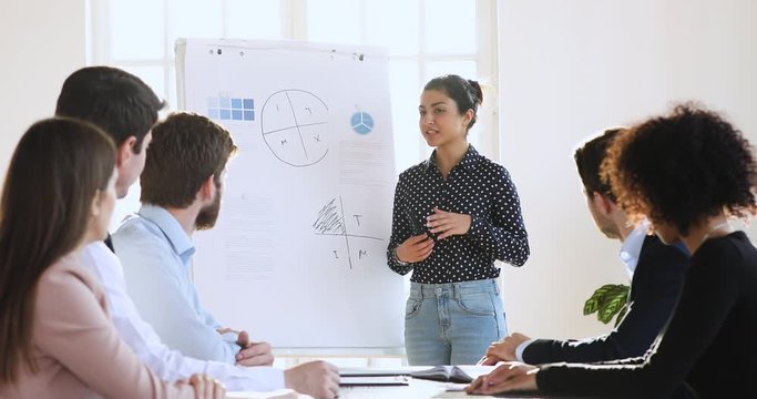 Indian businesswoman corporate leader coach give flip chart workshop presentation