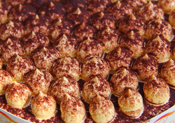 sponge cake sprinkled with chocolate chips close up