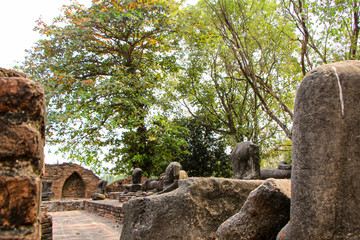 Statues of Buddhist monks in the ancient city of Ayutthaya, Thailand.