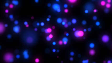 Bright purple bokeh lights abstract background. Flying violet particles or dust. Vivid lightning. Merry christmas design. Blurred light dots. Can use as cover, banner, postcard, flyer.
