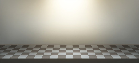 Illuminated realistic studio checkered background. Presentation decorations. Room empty space. Showroom concept. Vector illustration