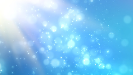 Bright blue bokeh lights abstract background. Flying particles or dust. Vivid lightning. Merry christmas design. Blurred light dots. Can use as cover, banner, postcard, flyer.