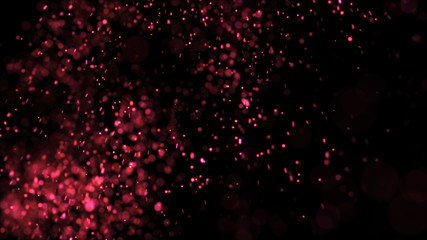 Bright red bokeh lights abstract background. Flying particles or dust. Vivid lightning. Merry christmas design. Blurred light dots. Can use as cover, banner, postcard, flyer.