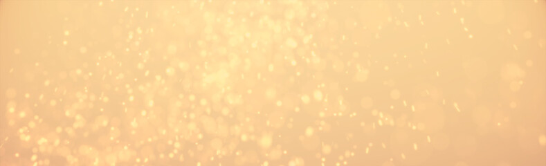 Fototapeta na wymiar Bright golden bokeh lights abstract background. Flying gold particles or dust. Vivid lightning. Merry christmas design. Blurred light dots. Can use as cover, banner, postcard, flyer.