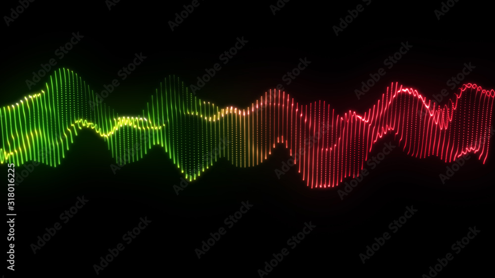 Poster Bright wavy background. Glowing dots and lines. Neon light. Wave element for design. Smooth particle waves. Dynamic techno wallpaper. Green and red