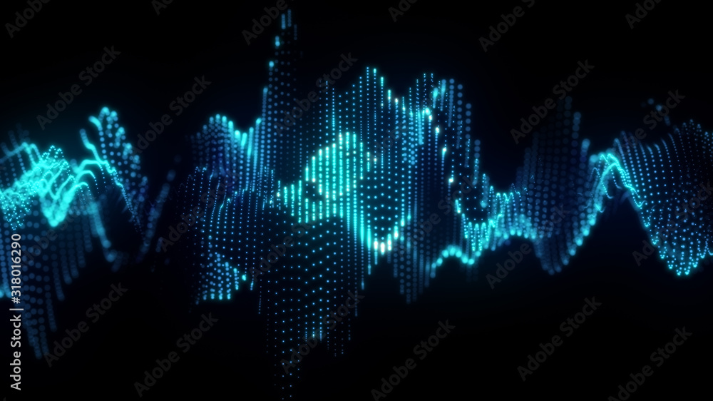 Wall mural bright wavy background. glowing dots and lines. neon light. wave element for design. smooth particle