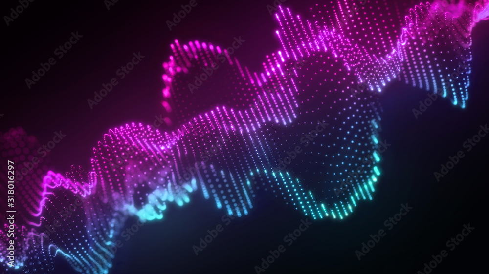 Poster bright wavy background. glowing dots and lines. neon light. wave element for design. smooth particle