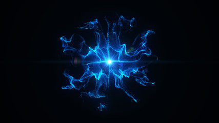 Explosion of blue powder or dust. Color particle splash, fume effect, festive abstract background. Explode particles freeze. Isolated on black.