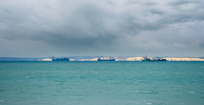 opal coast landscape with cargo boats crossing the Channel