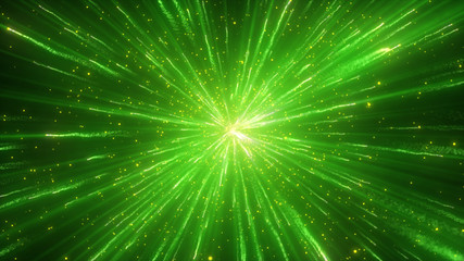 Fototapety  Explosion of green powder or dust. Colored particle splash, fume effect, festive abstract background. Explode particles freeze. Isolated on black.
