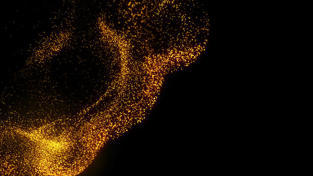 Glowing Gold flying magic particles. Fluid system Liquid, smoke, dust. Golden glitters cloud.