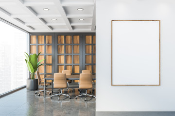 Wooden and gray meeting room with poster