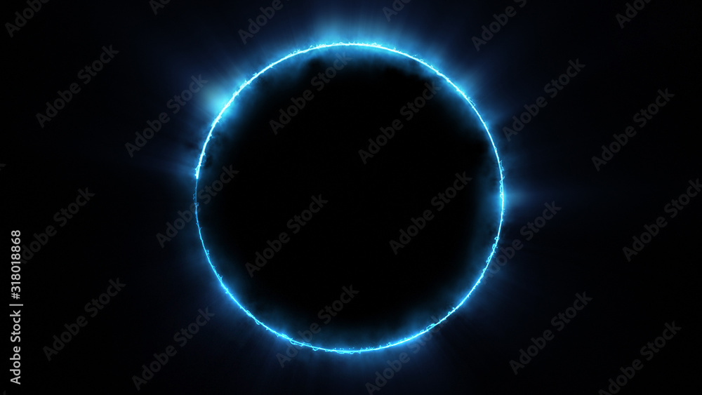 Wall mural template for text : blue neon glowing glare circle with rays. frame isolated on black background