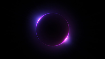 Fototapeta Template for text : Blue and purple neon glowing glare circle with rays. Frame isolated on black background obraz