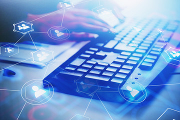 Woman hand typing, social network interface