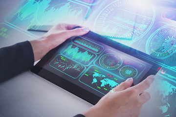 Businesswoman hand with tablet, infographics