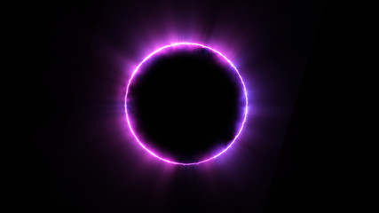Template for text : Blue and purple neon glowing glare circle with rays. Frame isolated on black...