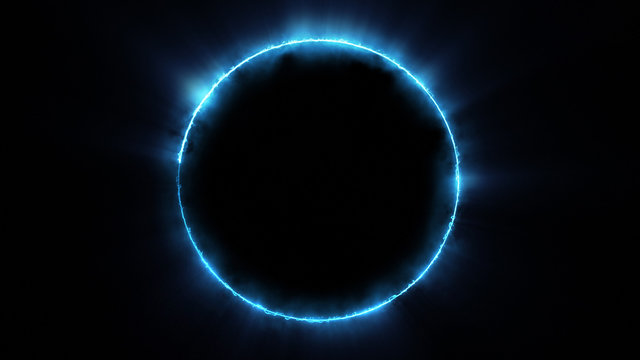 Template for text : Blue neon glowing glare circle with rays. Frame isolated on black background