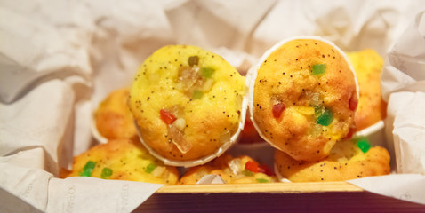 Selective Focused Freshly Baked Homemade Delicious Gluten Free Muffins with Colorful Candied Fruit Toppings. Food Catering, Sweets, Treats, Desserts, Snacks, Health, Nutrition and Cooking concept