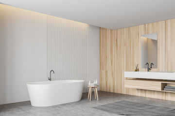 Obraz na płótnie Canvas White and wooden bathroom corner, tub and sink