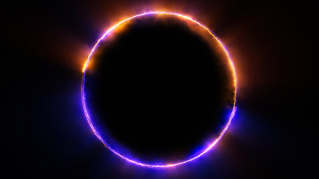 Template for text : Blue and orange neon glowing glare circle with rays. Frame isolated on black background
