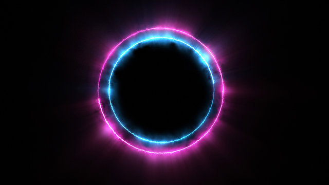 Template for text : Blue and pink neon glowing glare circle with rays. Frame isolated on black background