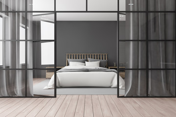 Gray and glass master bedroom interior