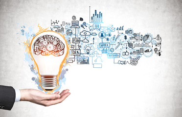 Businessman hand with lightbulb, business plan